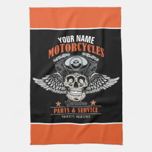 Personalised Biker Flying Skull Motorcycle Shop  Tea Towel