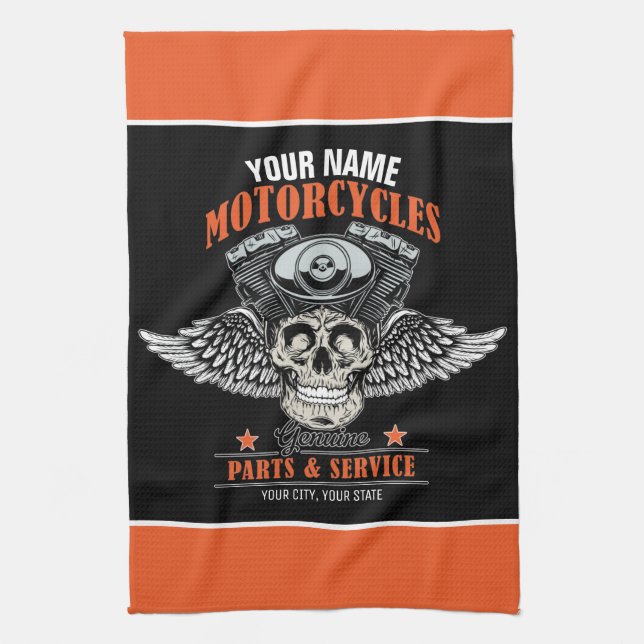 Personalised Biker Flying Skull Motorcycle Shop  Tea Towel (Vertical)