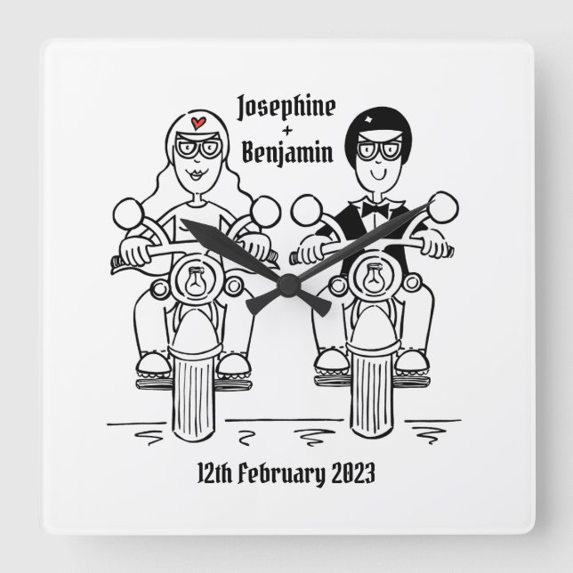 Personalised Biker Motorcycle Wedding Acrylic Squa Square Wall Clock (Front)