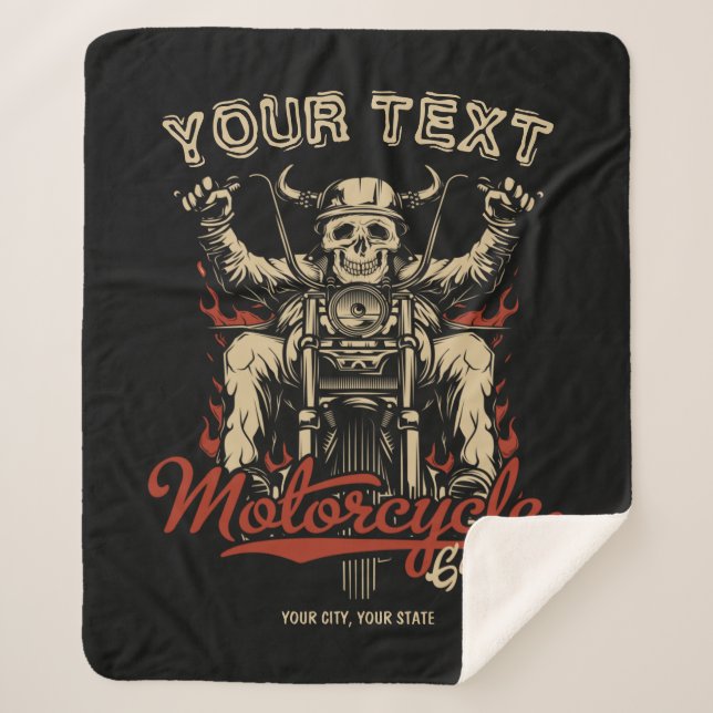 Personalised Biker Skeleton Motorcycle Shop Garage Sherpa Blanket (Front)