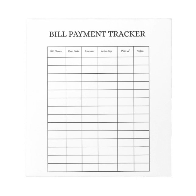 Personalised Bill Payment Tracker Notepad (Front)