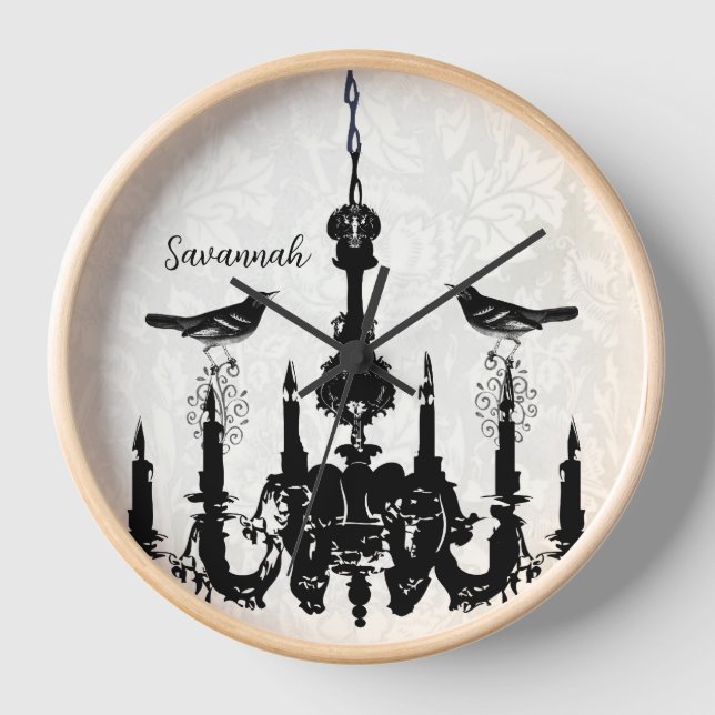 Personalised Bird Mustard Yellow Chandelier Clock (Front)