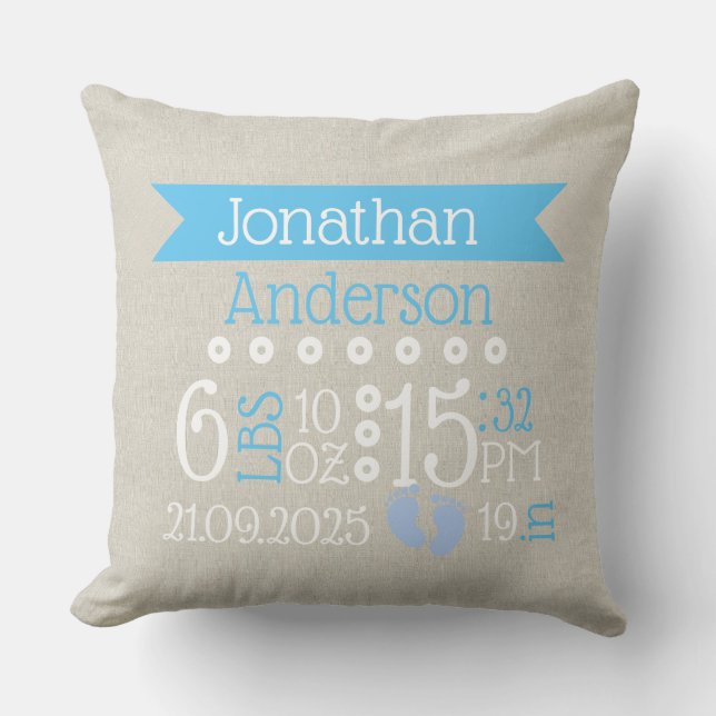 Personalised Birth Day Nursery Cushion Grey & Blue (Front)