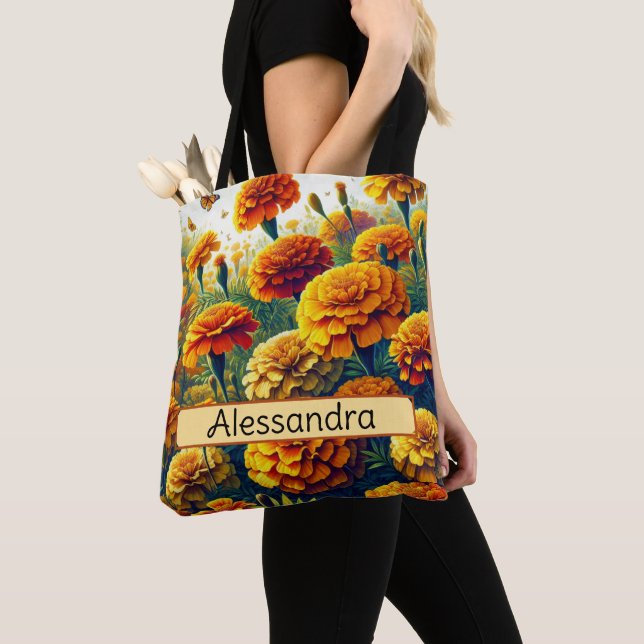 Personalised Birth Flower Marigold October Tote Bag (Close Up)