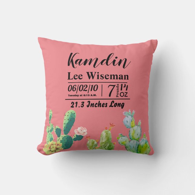 Personalised Birth Pillow Bohemian Cactus Succulen (Front)