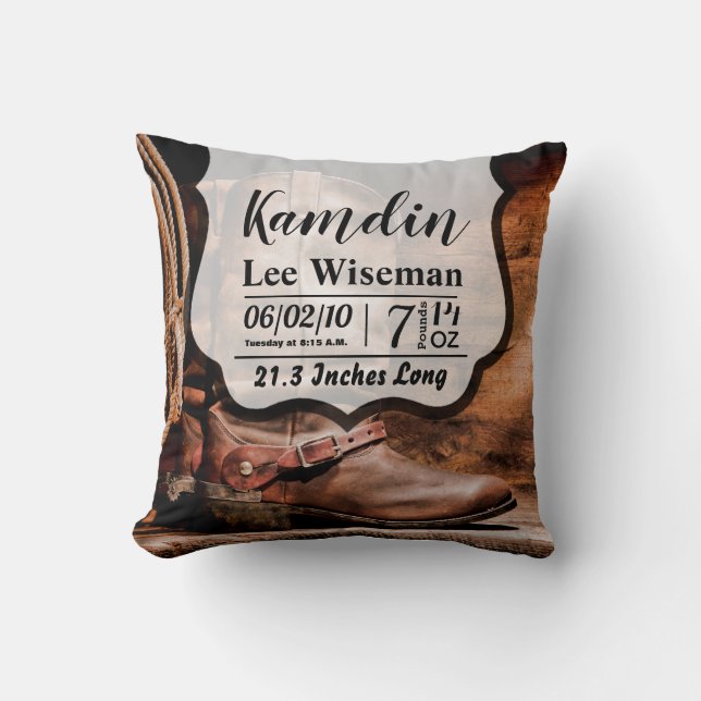 Personalised Birth Pillow Cowboy Boots Barn Wood R (Front)