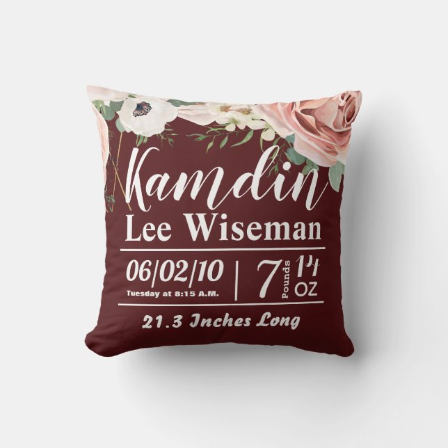 Personalised Birth Pillow Geometric Garden Wine (Front)