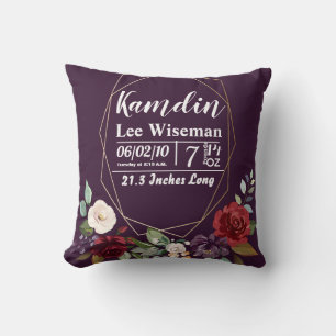 Personalised Birth Pillow Plum Purple Roses Gold G