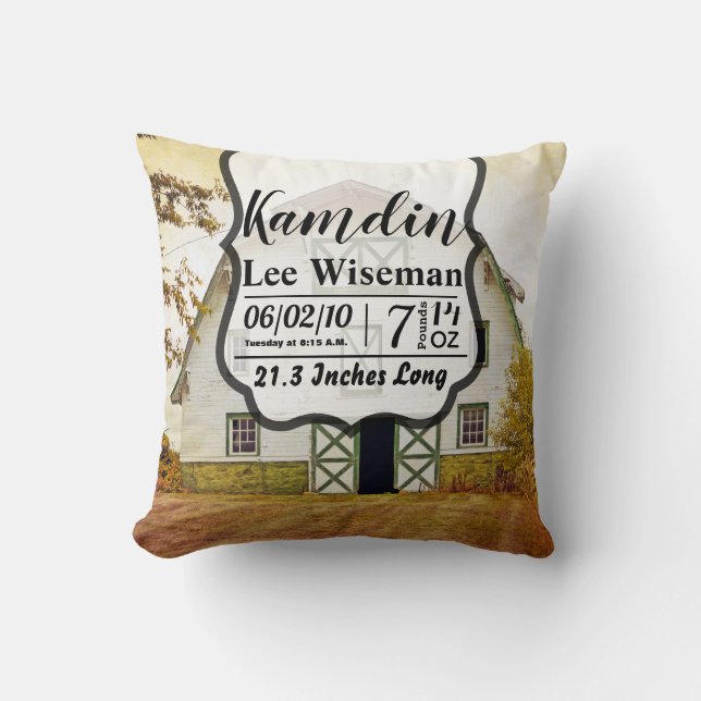 Personalised Birth Pillow Sunset Barn Country Rust (Front)