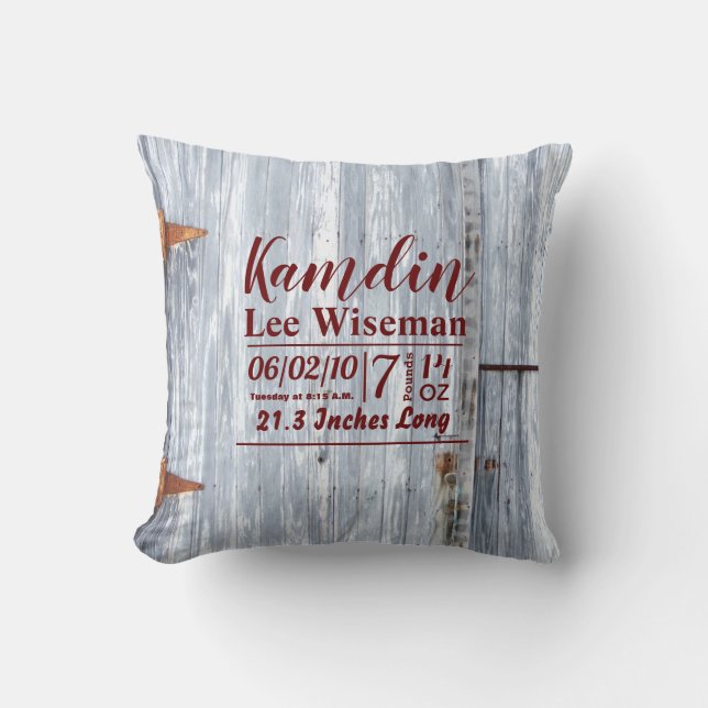 Personalised Birth Pillow White Wash Wood Barn Doo (Front)