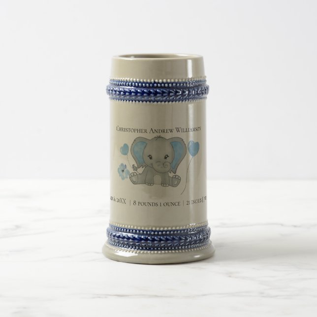 Personalised Birth Stats Baby Elephant Blue Grey  Beer Stein (Center)