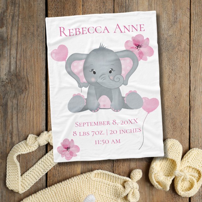 Personalised Birth Stats Baby Elephant Pink Grey   Fleece Blanket (Baby Elephant Pink Gray Flowers Balloons Baby blanket. Pink Gray for baby girl gift)
