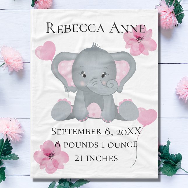 Personalised Birth Stats Baby Elephant Pink Grey  Fleece Blanket (Creator Uploaded)