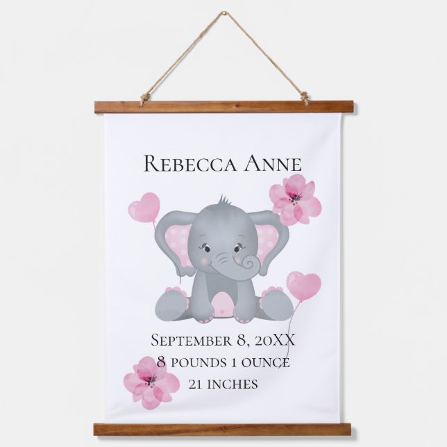 Personalised Birth Stats Baby Elephant Pink Grey  Hanging Tapestry (Front)