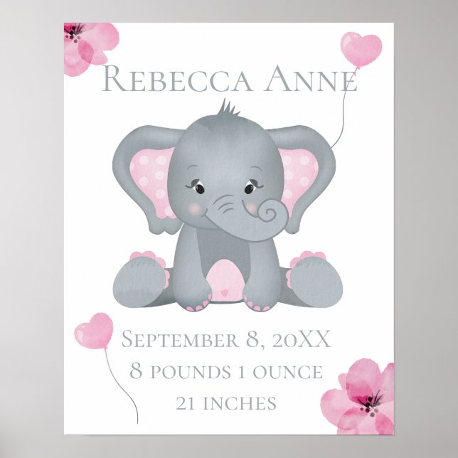 Personalised Birth Stats Baby Elephant Pink Grey Poster (Front)