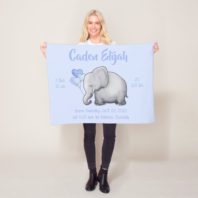 Personalised Birth Stats Baby Elephants Nursery Fleece Blanket (In Situ)
