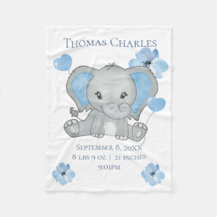 Personalised Birth Stats Elephant Blue Grey Baby Fleece Blanket