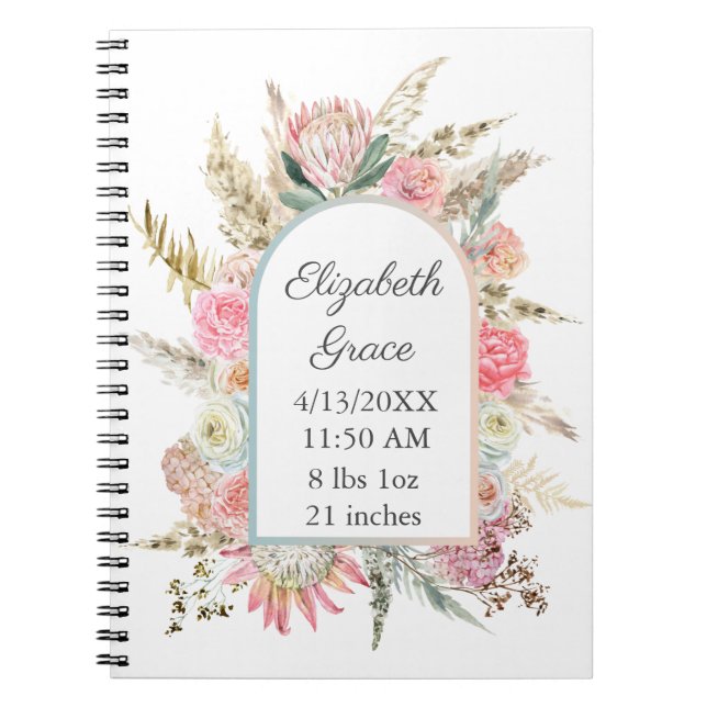  Personalised Birth Stats Pink Floral White Baby  Notebook (Front)