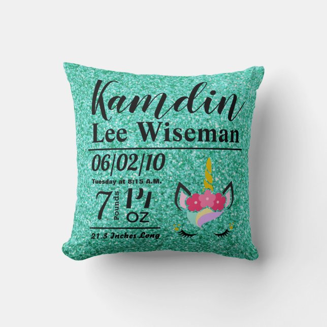 Personalised Birth Unicorn Teal Glitter Pillow (Front)
