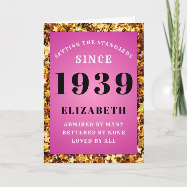 Personalised Birthda 1939 Girly Pink Gold Glitter Card (Front)