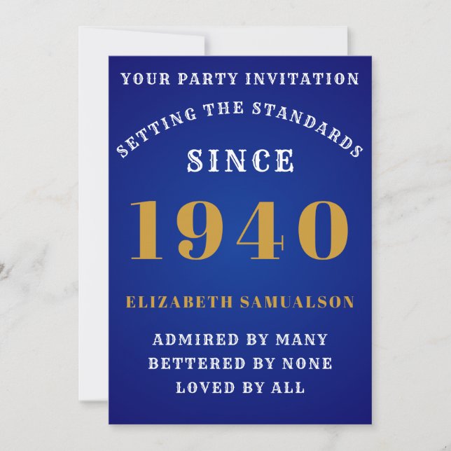 Personalised Birthday 1940 Add Your Name Blue Gold Invitation (Front)