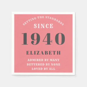 Personalised Birthday 1940 Pink Grey Add Name Chic Napkin