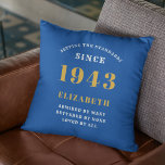 Personalised Birthday 1943 Add Your Name Blue Gold Cushion<br><div class="desc">For those born in 1943 and celebrating their birthday we have the ideal surprise birthday party throw pillow gift. The blue background with a white and gold design is simple and yet elegant. Easily customise the text to the front and the interior of these party supplies using the template provided....</div>