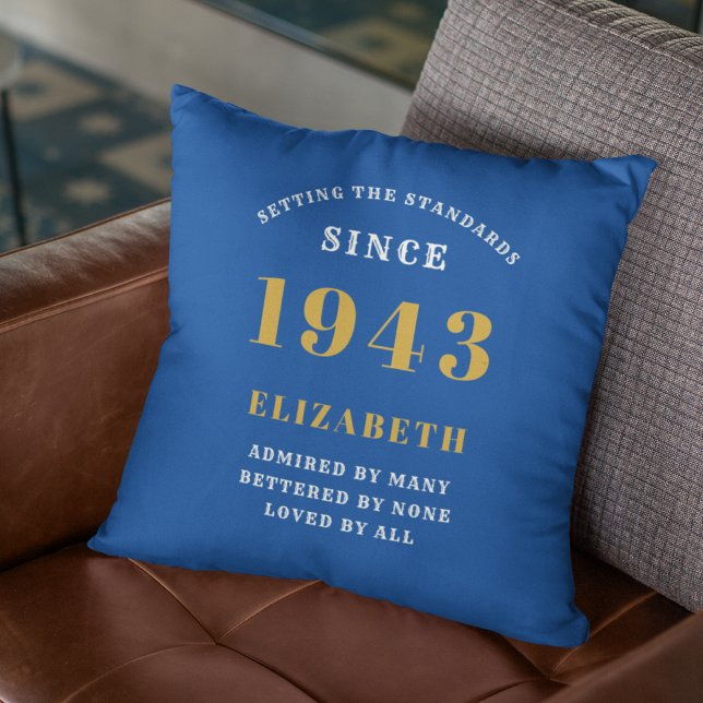 Personalised Birthday 1943 Add Your Name Blue Gold Cushion (Creator Uploaded)