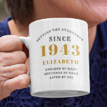 Personalised Birthday 1943 Add Your Name Elegant Coffee Mug<br><div class="desc">Celebrate an 80th birthday in style with this Personalised 80th Birthday 1943 Add Your Name Elegant Coffee Mug. This custom design features a chic gold and grey colour palette, an elegant 1943 design, and space for you to add your name. Sip your favourite hot beverage in style and commemorate this...</div>
