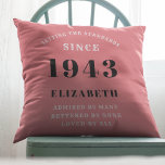 Personalised Birthday 1943 Pink Girly Elegant Chic Cushion<br><div class="desc">Celebrate a milestone birthday in style with our personalised 80th Birthday Throw Pillow. This chic and elegant pillow features a custom pink and grey design, perfect for adding a touch of glamour to any bedroom or living space. Personalise it with the name of the birthday girl or boy, plus their...</div>