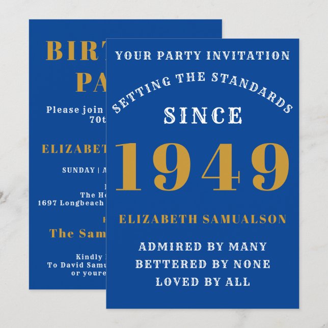 Personalised Birthday 1949 Add Name Blue Gold Chic Invitation (Front/Back)