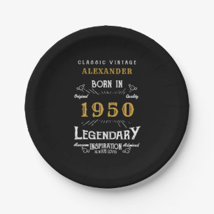 Personalised Birthday 1950 Black Gold Legendary Paper Plate