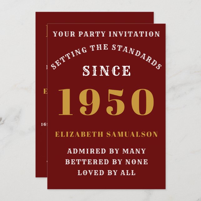 Personalised Birthday 1950  Elegant Chic Red Gold Invitation (Front/Back)