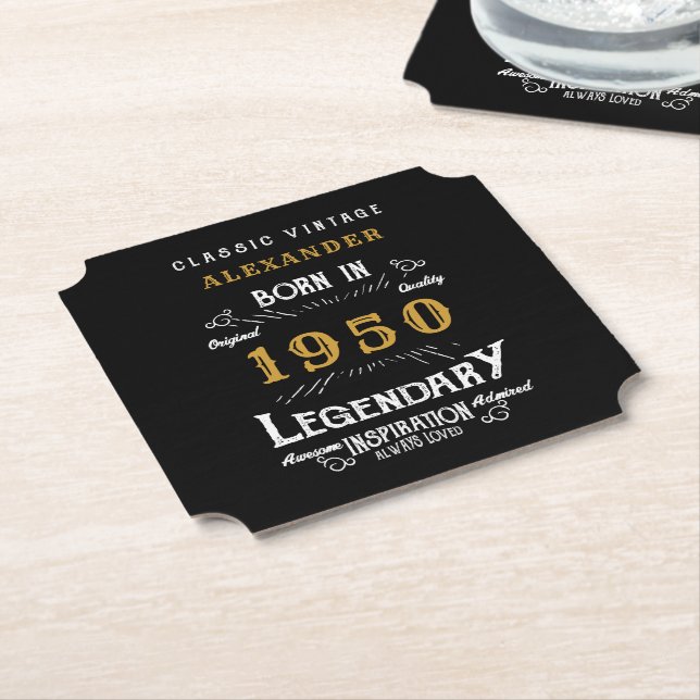 Personalised Birthday 1950 Legendary Black Gold Paper Coaster (Angled)