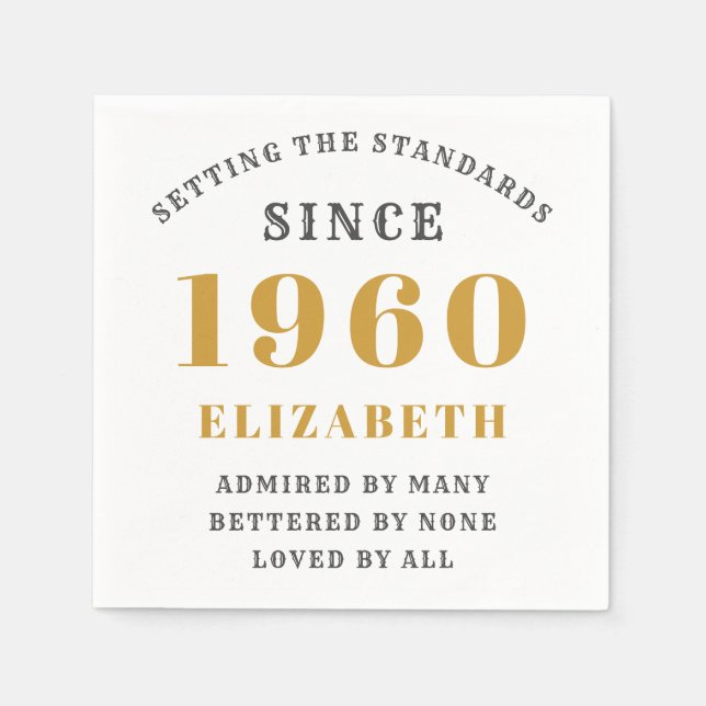 Personalised Birthday 1960 Add Your Name Gold Grey Napkin (Front)