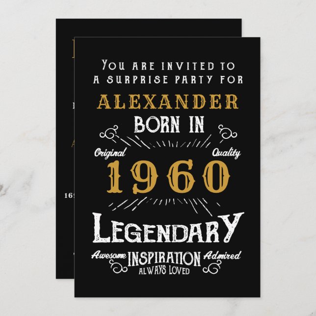 Personalised Birthday 1960 Black Gold Retro Chic Invitation (Front/Back)
