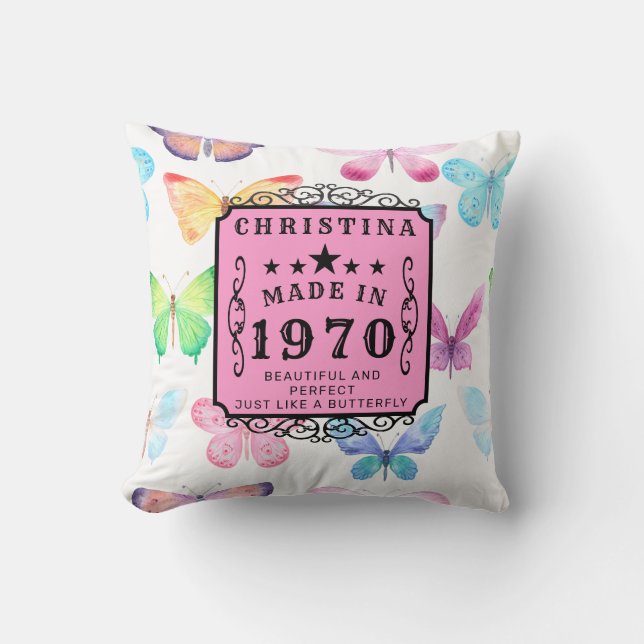 Personalised Birthday 1970 Butterfly Add Your Name Cushion (Front)