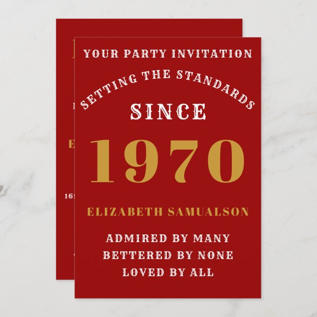 Personalised Birthday 1970 Easy to Edit Red Gold Invitation (Front/Back)