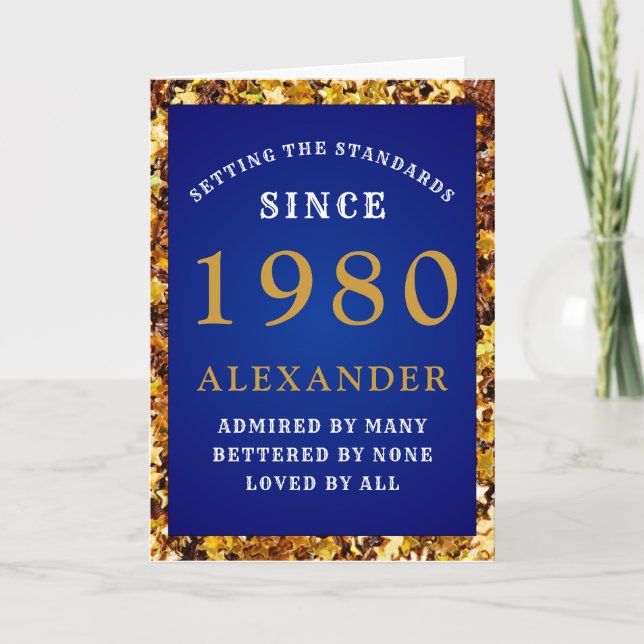 Personalised Birthday 1980 Blue Gold Glitter  Card (Front)