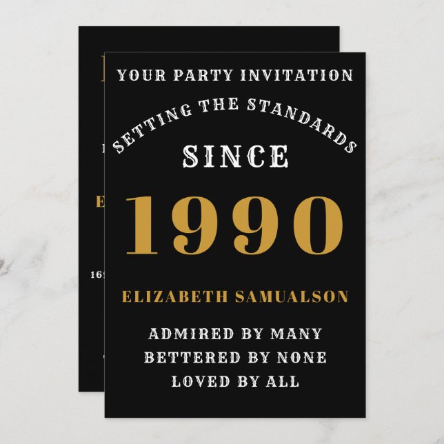 Personalised Birthday 1990 Add Your Name Black Invitation (Front/Back)