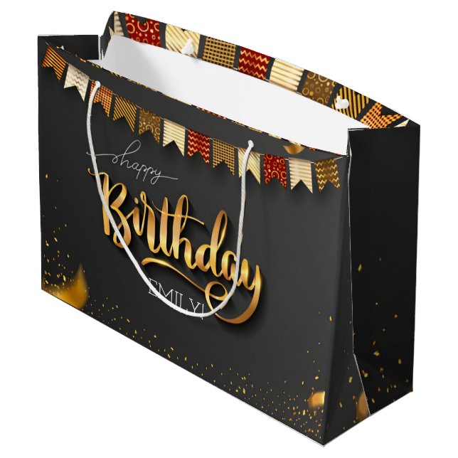 Personalised Birthday Black and gold Stripes Large Gift Bag (Back Angled)
