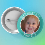 Personalised Birthday Boy| Name and Photo 6 Cm Round Badge<br><div class="desc">Cute personalised blue name and photo Birthday Boy button.</div>