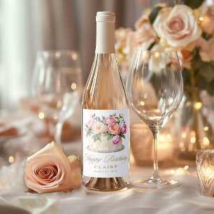 Personalised Birthday Cake Feminine Floral Wine Label
