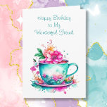 Personalised Birthday Card for a Good Friend<br><div class="desc">Friend's birthday card. Graphics of a watercolor illustration of a pretty turquoise and teal vintage tea or coffee cup full or pink and orange flowers.</div>