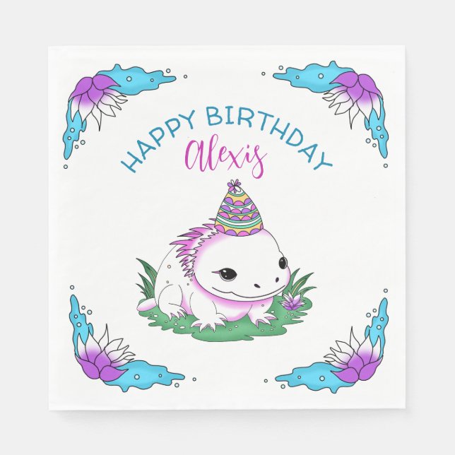 Personalised Birthday Girl Axolotl Themed Napkin (Front)