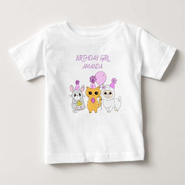 Personalised Birthday Girl LLama, Kitten and Mouse Baby T-Shirt (Front)