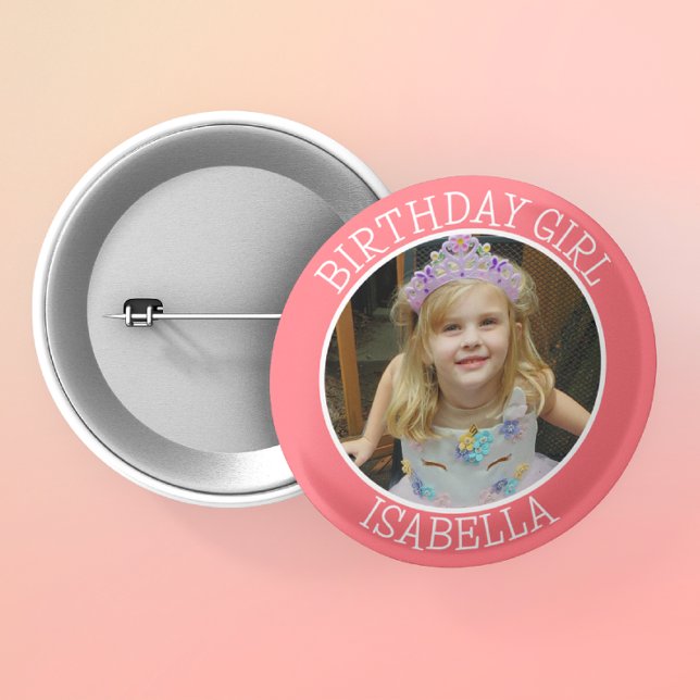 Personalised Birthday Girl | Name and Photo 6 Cm Round Badge (Creator Uploaded)