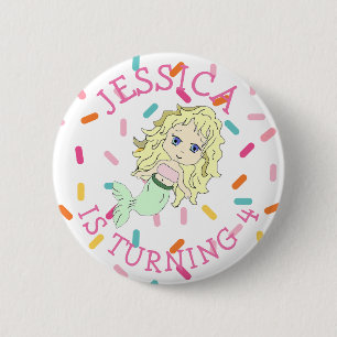 Personalised Birthday girl Pink Mermaid Button