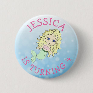 Personalised Birthday girl Pink Mermaid Button