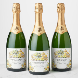 Personalised Birthday Lemon Tea Party Vintage Sparkling Wine Label
